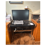 Desk, 2 Wooden Cabinets, Monitor, Speaker & Contents