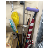 Contents of Corner: Flag, Paint Roller, Dust Mop & More