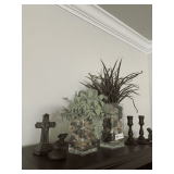 Decorative Glass Vases with River Rock and Faux Greenery