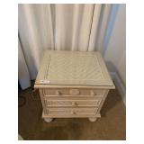 Wicker and Wood Three-Drawer Nightstand with Glass Top