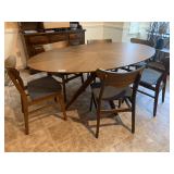 Vintage Dining Table with Oval Wooden Top & 6 Upholstered Chairs