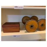 Wooden Keepsake Box and Two Wooden Spools