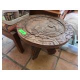 Carved Wooden Round Table with Mayan-Inspired Moti
