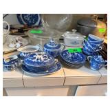 Blue and White Ceramic Tea Set with Willow Pattern