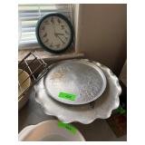 Aluminum Trays, Mixing Bowl, Vintage Clock, and Ho