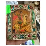 Religious Icon Plaque with Enameled Metal Frame an