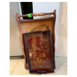 Wooden Serving Tray with Decorative Artwork and Ha