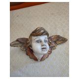 Wooden Angel Cherub Wall Plaque With Gold and Red