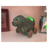 Green Frog-Shaped Lidded Box on Wheels with Rustic