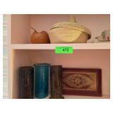 Decorative Items Lot with Basket, Ceramic Pottery,