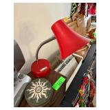 Red Desk Lamp with Wooden Jewelry Box and Decorati