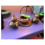 Brass and Enamel Ashtray with Matching Spice Conta