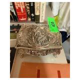 Ornate Silver-Plated Jewelry Box with Red Lining a