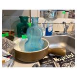Blue Glass Violin Shaped Bottle with Lot of Four P