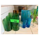 Green and Blue Glassware, Including Tumblers and S