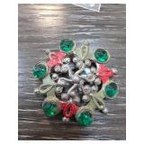 Silver-Tone Brooch with Green and Red Accents