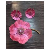 Pink Floral Brooch and Matching Earrings with Rhin