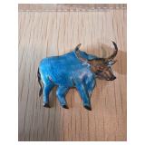 Sterling Silver Bull Brooch with Blue Enamel Detai