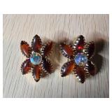 Gold-Tone Clip-On Earrings with Red and Iridescent