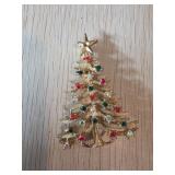 Gold-Tone Christmas Tree Brooch with Rhinestones
