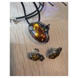 Sterling Silver Pendant and Earring Set with Amber