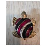Gold-Tone Turtle-Shaped Brooch with Enamel and Rhi
