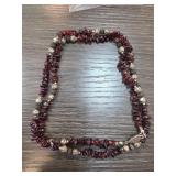 Beaded Necklace with Garnet Chips and Silver-Toned
