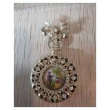 Silver-Tone Filigree Pendant with Painted Miniatur