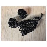 Black Rhinestone Floral Brooch and Matching Clip-O