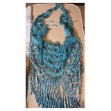 Handcrafted Blue Beaded Fringe Necklace with Croch