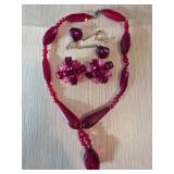Red Bead Necklace, Matching Clip Earrings, and Pin