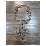 Silver-Tone Cross Pendant Necklace with Green Gem