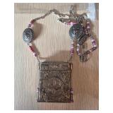 Silver-Toned Ornate Box Pendant Necklace with Bead