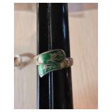 Sterling Silver Ring with Green Enamel and Bird Mo