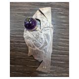 Silver Brooch with Amethyst Stone and Signed Engra