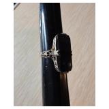 14K Gold Ring with Black Stone and Filigree Design