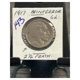 1917 Buffalo Nickel with 2 1/2 Feather Mint Error