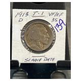 1913 D Buffalo Nickel Type 1 VF-EF Scarce Date