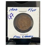 1900 Indian Head Cent Coin, Full Liberty, F/VF Con