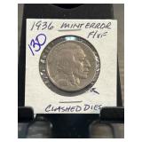 1936 Buffalo Nickel With Clashed Dies Mint Error