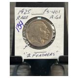 1925 Rare Two Feathers Buffalo Nickel FS-401