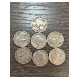 Seven Buffalo Nickel Coins Featuring Native Americ