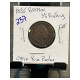 1835 Great Britain 1/3 Farthing Coin in F-VF Condi