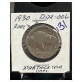1930 Buffalo Nickel DDR-006 with Extra Thick Lette