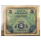 French 5 Francs Banknote, Series of 1944, Colorful
