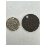Buffalo Nickel and U.S. Large Cent Token with Hole