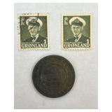 Greenland 1 Ore Stamps and Coin