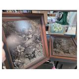 Framed Engraved Floral and Bird-Themed Artwork