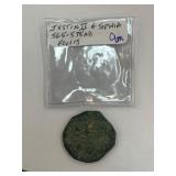 Byzantine Justin II Sophia Follis Coin, 565-578 AD