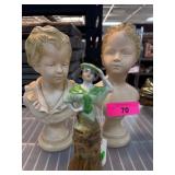 Two Plaster Bust Figurines and Porcelain Figural W